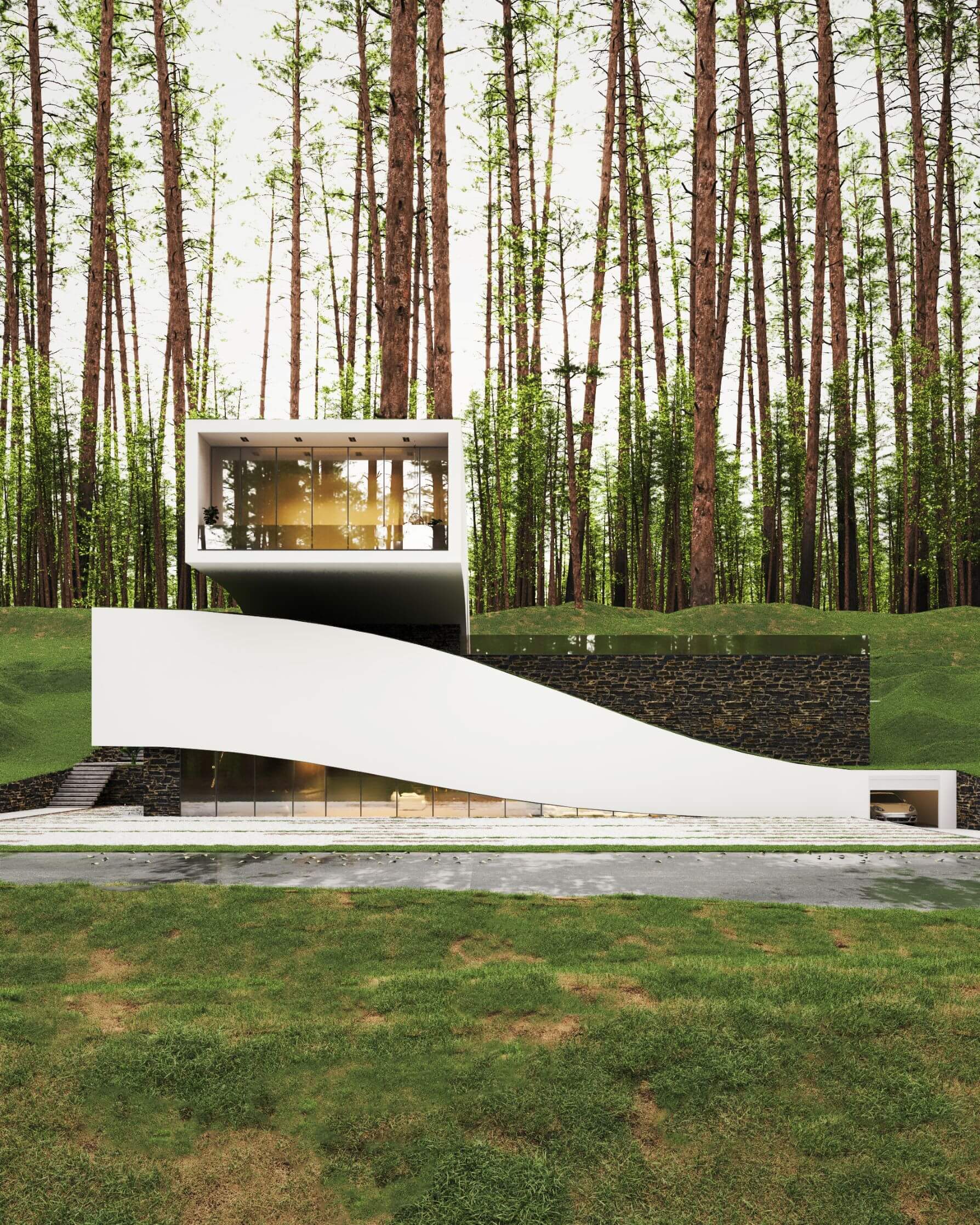 forest house surrounded with pine trees